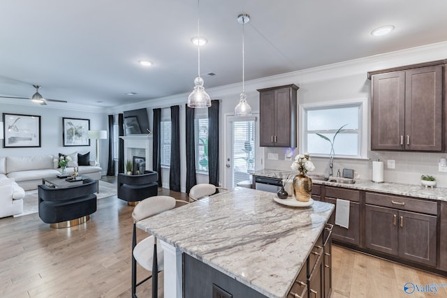 kitchen with pendant lighting, dark brown cabinetry, light wood-type flooring, and ornamental molding