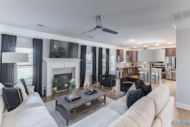 living room featuring ceiling fan, sink, light hardwood / wood-style floors, and ornamental molding