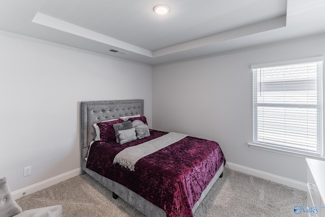 bedroom featuring a tray ceiling and light carpet