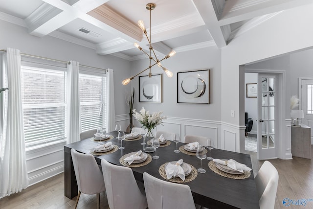 dining room featuring beam ceiling, coffered ceiling, and light wood-type flooring