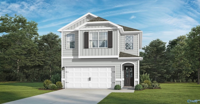 view of front of home with board and batten siding, a front yard, and a garage