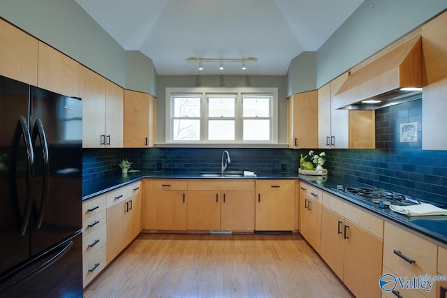 kitchen featuring a sink, dark countertops, vaulted ceiling, and freestanding refrigerator