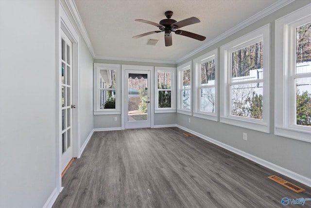 839 Bow Range Rd, Guntersville, AL 35976 - unfurnished sunroom featuring crown molding, wood finished floors, baseboards, and visible vents