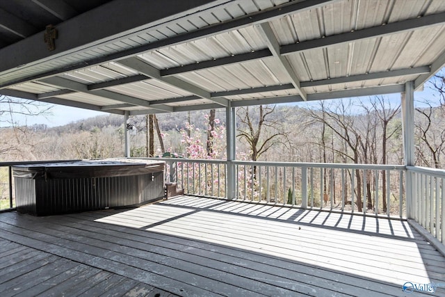 839 Bow Range Rd, Guntersville, AL 35976 - wooden terrace featuring a wooded view and a hot tub