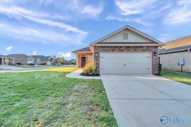 ranch-style house featuring an attached garage, driveway, brick siding, and a front yard