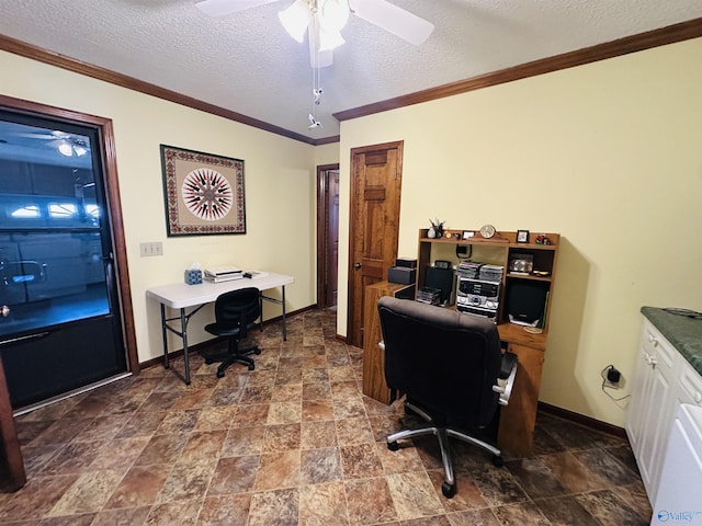 office space with ceiling fan, a textured ceiling, and crown molding