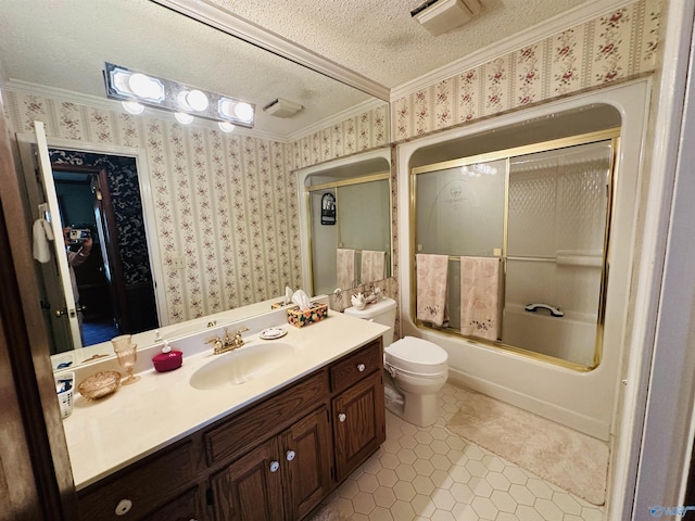 bathroom featuring wallpapered walls, toilet, vanity, a textured ceiling, and tile patterned floors