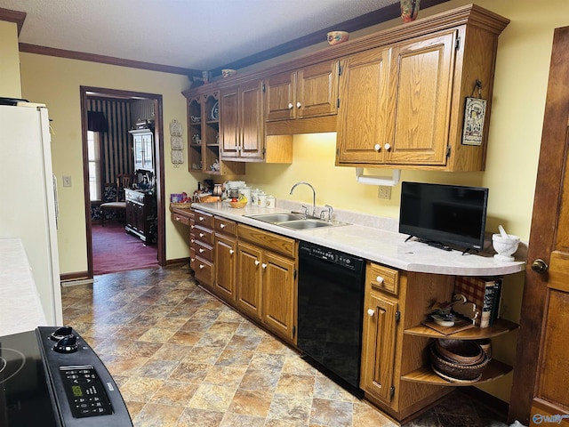 kitchen featuring a sink, black dishwasher, light countertops, freestanding refrigerator, and open shelves