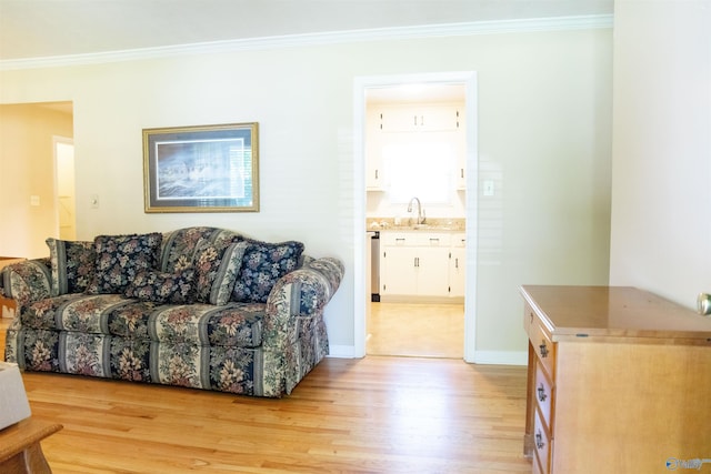 living room with light hardwood / wood-style floors, sink, and crown molding