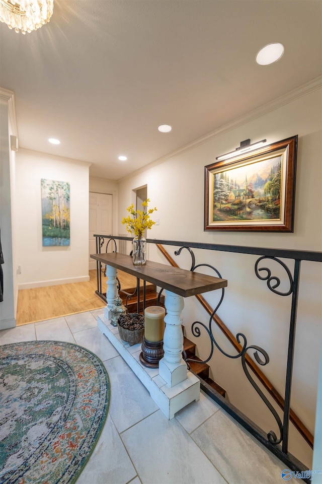 dining space with recessed lighting, ornamental molding, and light tile patterned floors