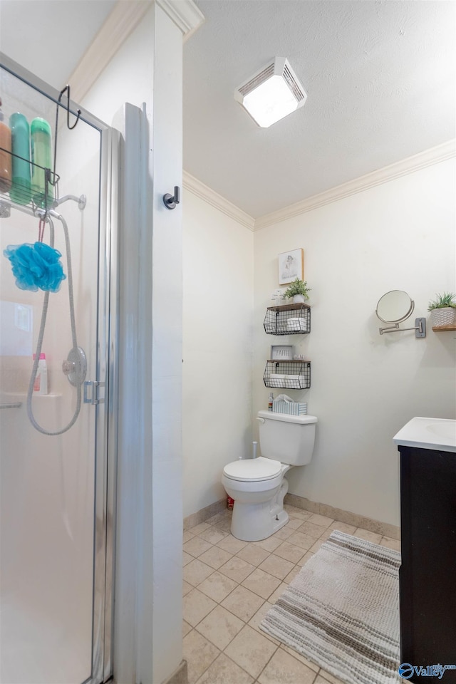 full bath with a shower stall, vanity, toilet, ornamental molding, and tile patterned flooring