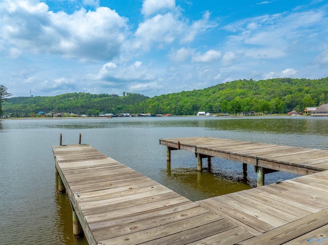 view of dock with a forest view and a water view