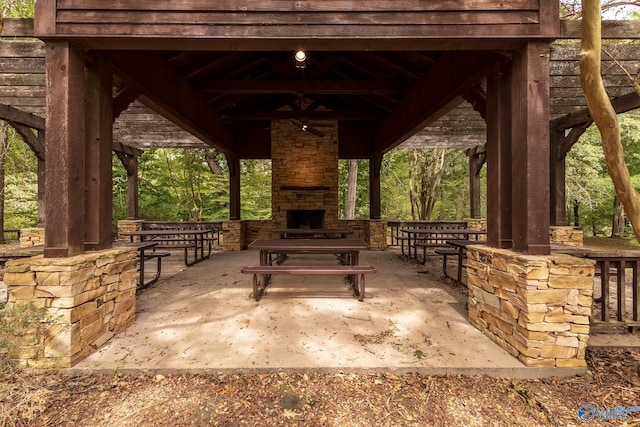 view of patio / terrace featuring ceiling fan and a gazebo