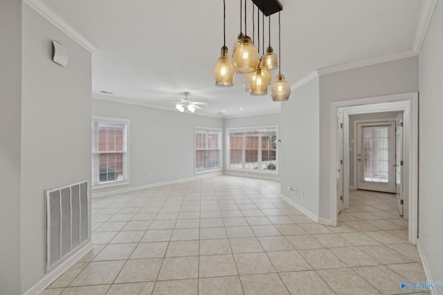 interior space with ceiling fan with notable chandelier, ornamental molding, and light tile patterned flooring