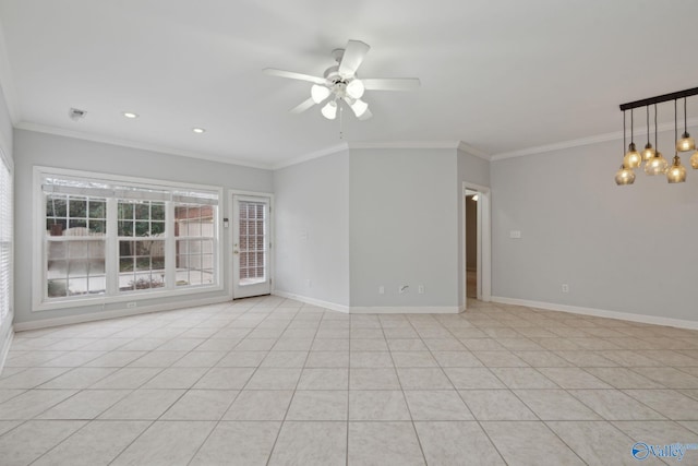 empty room with light tile patterned floors, ceiling fan with notable chandelier, and ornamental molding