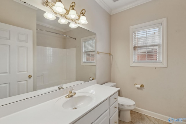 full bathroom featuring tile patterned floors, crown molding,  shower combination, toilet, and vanity