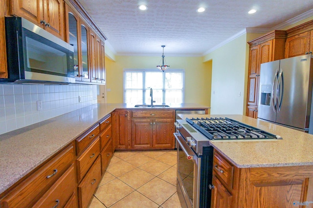 kitchen featuring light tile patterned flooring, ornamental molding, sink, stainless steel appliances, and decorative backsplash