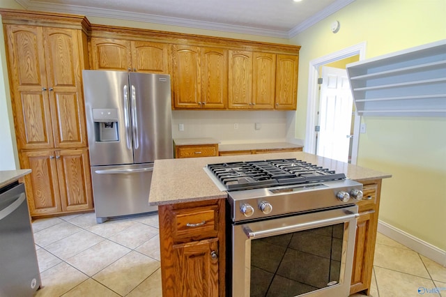 kitchen featuring light stone counters, appliances with stainless steel finishes, light tile patterned floors, and crown molding