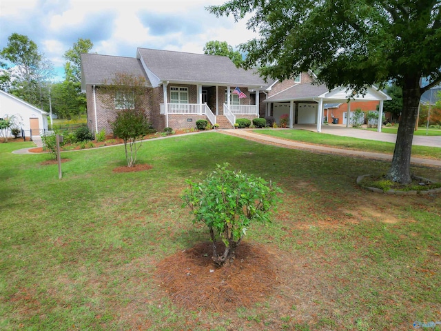 ranch-style home with a garage, a porch, and a front lawn