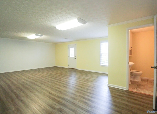 spare room with a textured ceiling, crown molding, and dark hardwood / wood-style floors