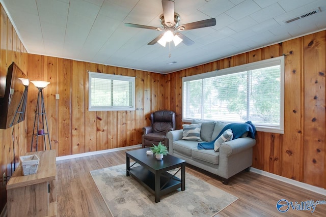 7615 Scottsboro Hwy, Scottsboro, AL 35769 - living area with baseboards, visible vents, a ceiling fan, and wooden walls