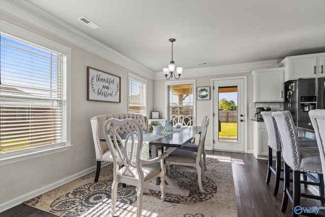 dining area with a healthy amount of sunlight and dark wood-type flooring