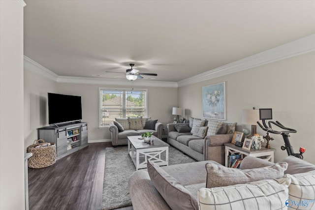 living room with crown molding, ceiling fan, and dark hardwood / wood-style floors