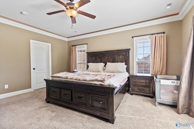 bedroom featuring light colored carpet, visible vents, ornamental molding, ceiling fan, and baseboards