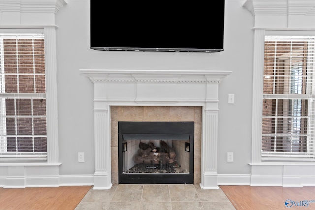 room details with wood finished floors, a tile fireplace, and baseboards