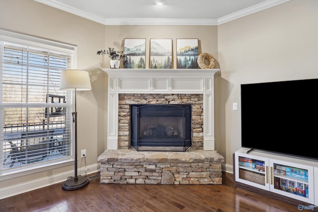 living area featuring a fireplace, wood-type flooring, baseboards, and ornamental molding