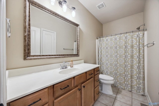 full bathroom with tile patterned floors, visible vents, toilet, a shower with shower curtain, and vanity