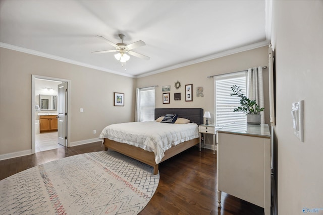 bedroom featuring dark wood-style floors, connected bathroom, baseboards, and ornamental molding