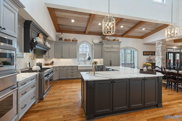 kitchen with stainless steel appliances, pendant lighting, wood ceiling, gray cabinets, and an inviting chandelier