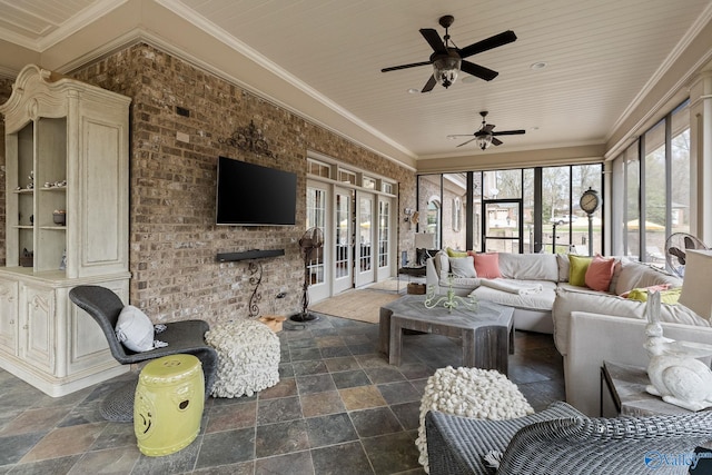 living room with wood ceiling and ornamental molding