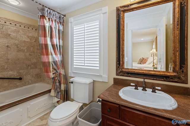 full bathroom with toilet, shower / bath combination with curtain, crown molding, and vanity