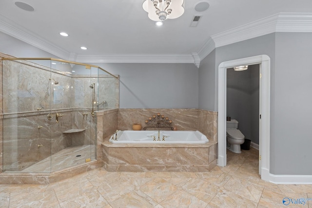 bathroom with independent shower and bath, crown molding, and toilet