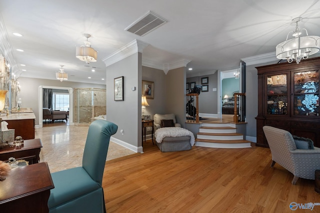 interior space with crown molding, a notable chandelier, and wood-type flooring