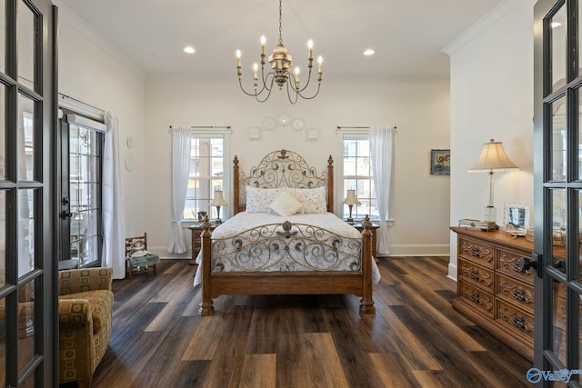 bedroom featuring crown molding and dark hardwood / wood-style flooring