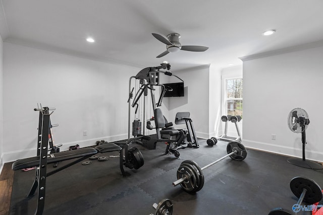 workout area with ornamental molding and ceiling fan