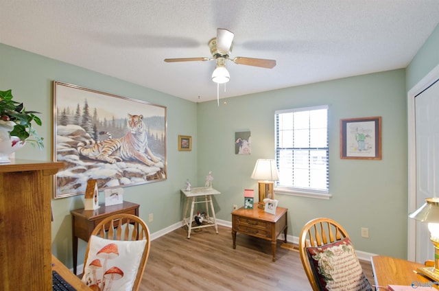 living area with ceiling fan, a textured ceiling, and light wood-type flooring