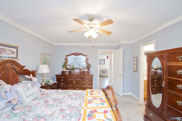 bedroom with crown molding, ceiling fan, and light carpet