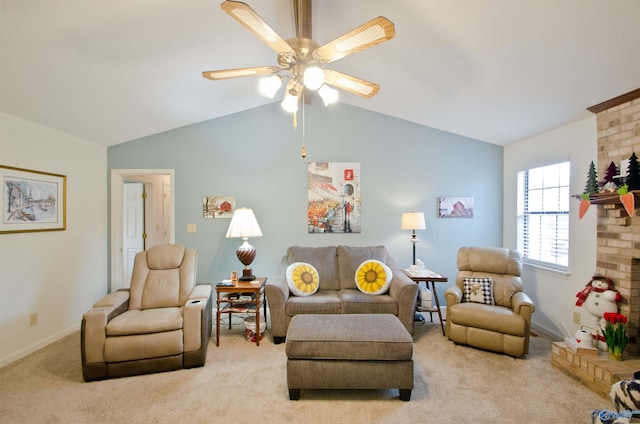 carpeted living room featuring a fireplace, vaulted ceiling, and ceiling fan