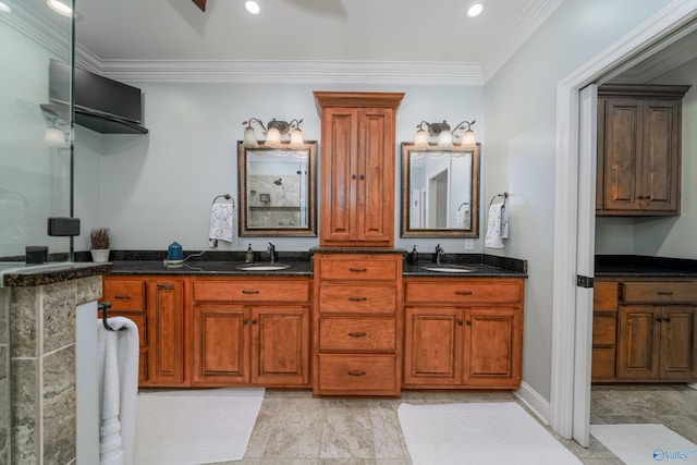 bathroom with vanity and crown molding