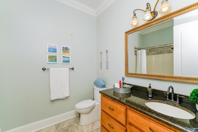 bathroom featuring ornamental molding, a shower with shower curtain, vanity, and toilet