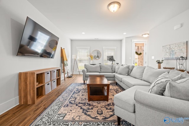 9130 Monteagle Blvd, Owens Cross Roads, AL 35763 - living room featuring wood finished floors, baseboards, and recessed lighting