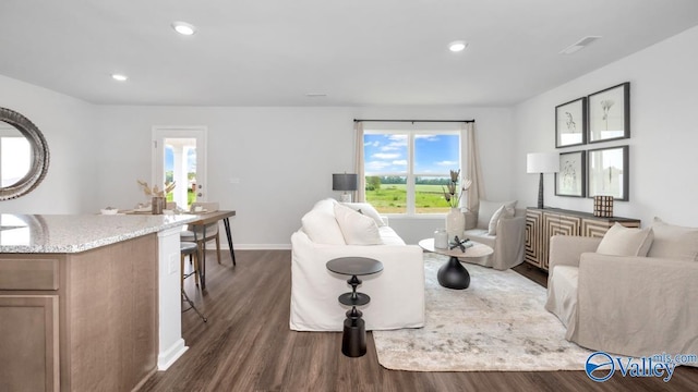 living room with baseboards, a wealth of natural light, and dark wood-type flooring