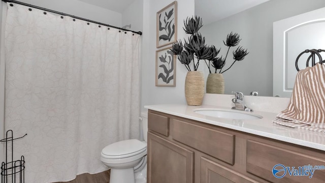 bathroom with wood finished floors, toilet, and vanity