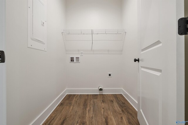 665 County Road 585, Cedar Bluff, AL 35959 - washroom featuring washer hookup, electric panel, hookup for an electric dryer, dark wood-style flooring, and baseboards