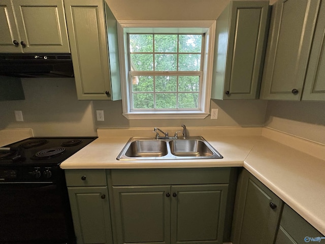 3185 Reeves Rd, Hokes Bluff, AL 35903 - kitchen featuring black range with electric stovetop, ventilation hood, a sink, gray cabinetry, and light countertops