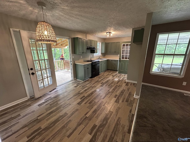 3185 Reeves Rd, Hokes Bluff, AL 35903 - kitchen with gray cabinetry, black range with gas stovetop, dark wood-style floors, under cabinet range hood, and baseboards